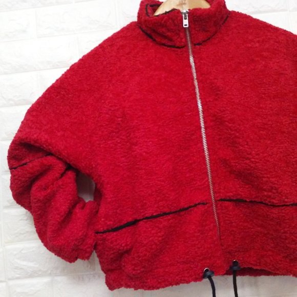 Y2K Cropped Bomber Jacket Pockets Faux-Fur Red - Picture 4 of 13